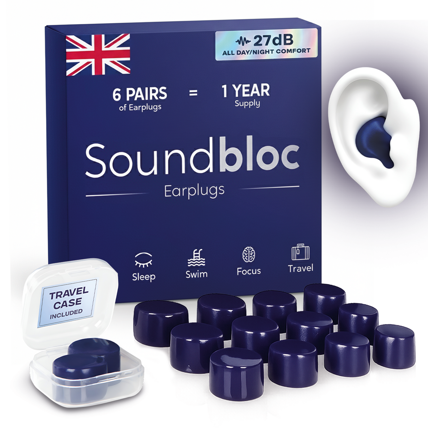 SoundBloc Silicone Earplugs - Side sleep comfort - 1 year supply